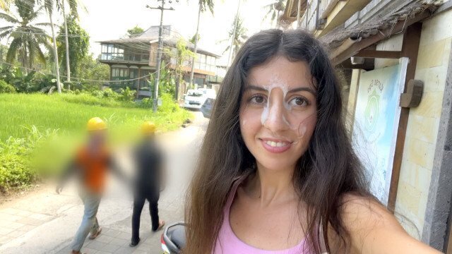 Cute Girl Eating Burger with Face Public Cafe