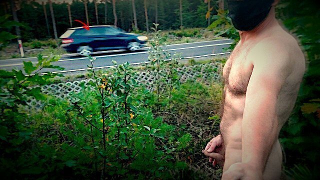 Risky, naked busy road, flashing penis cars.