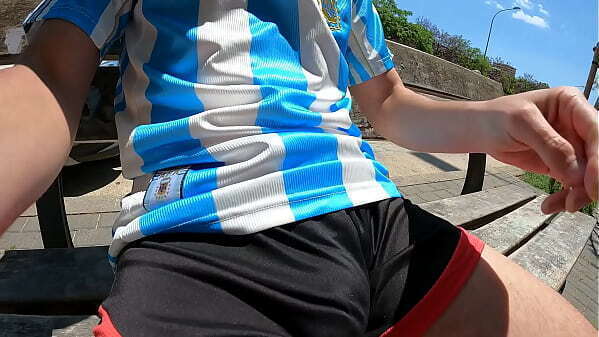 Bulging young moans with pleasure public park jerking summer