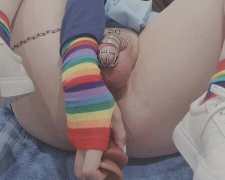 Femboy chastity cage gets fucked with dragon dildo