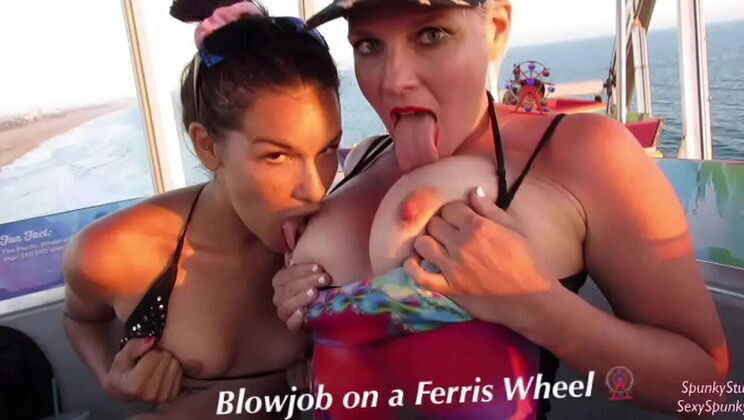 Teen MILF Give Risky Double Blowjob Ferris Wheel Public Threesome Fun!