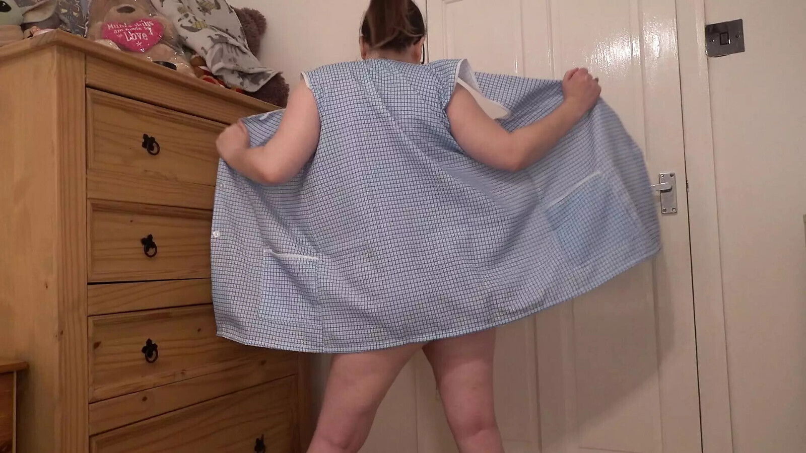 breasts wife striptease pale blue apron