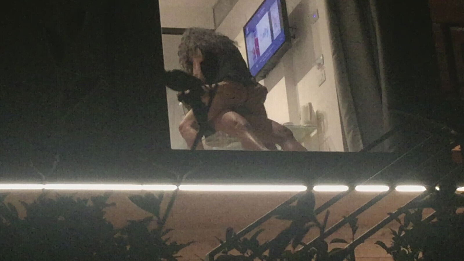 Caught horny couple fucking through open hotel window, peeking milf blowjob