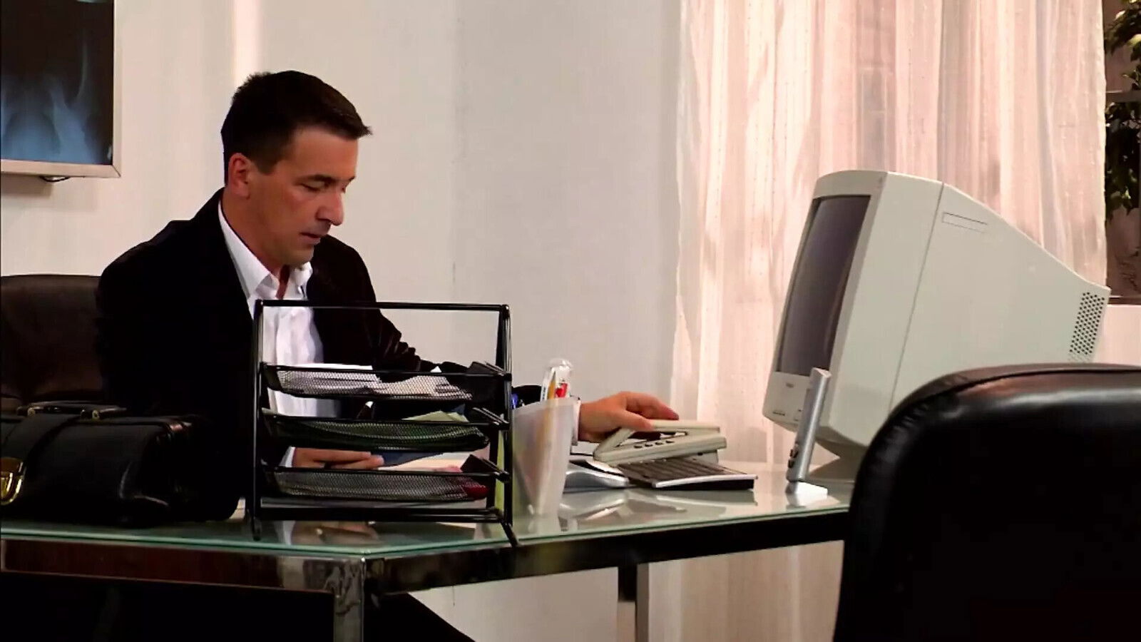 Sexy brunette seduces boss into good blowjob fucks