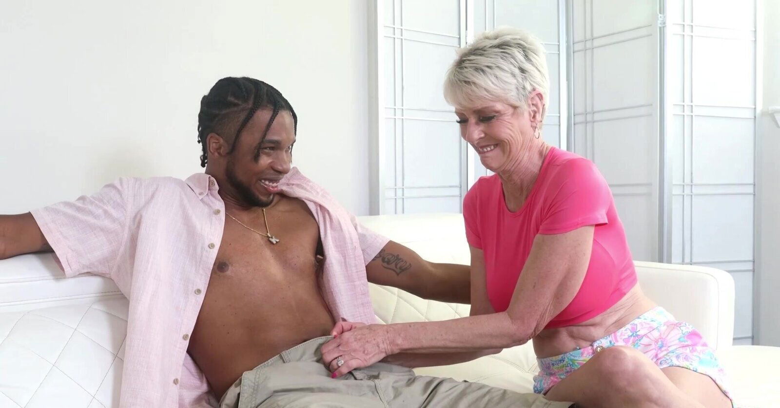 Foxxxy Darlin interracial with great body short hair cut.