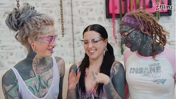 tattoo threesome with GAPES, fisting, gagging glasses