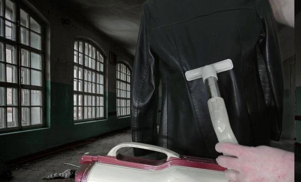 Vacuuming Girlfriend's Italian Leather Cute Jacket with vintage Electrolux Vacuum Cleaner