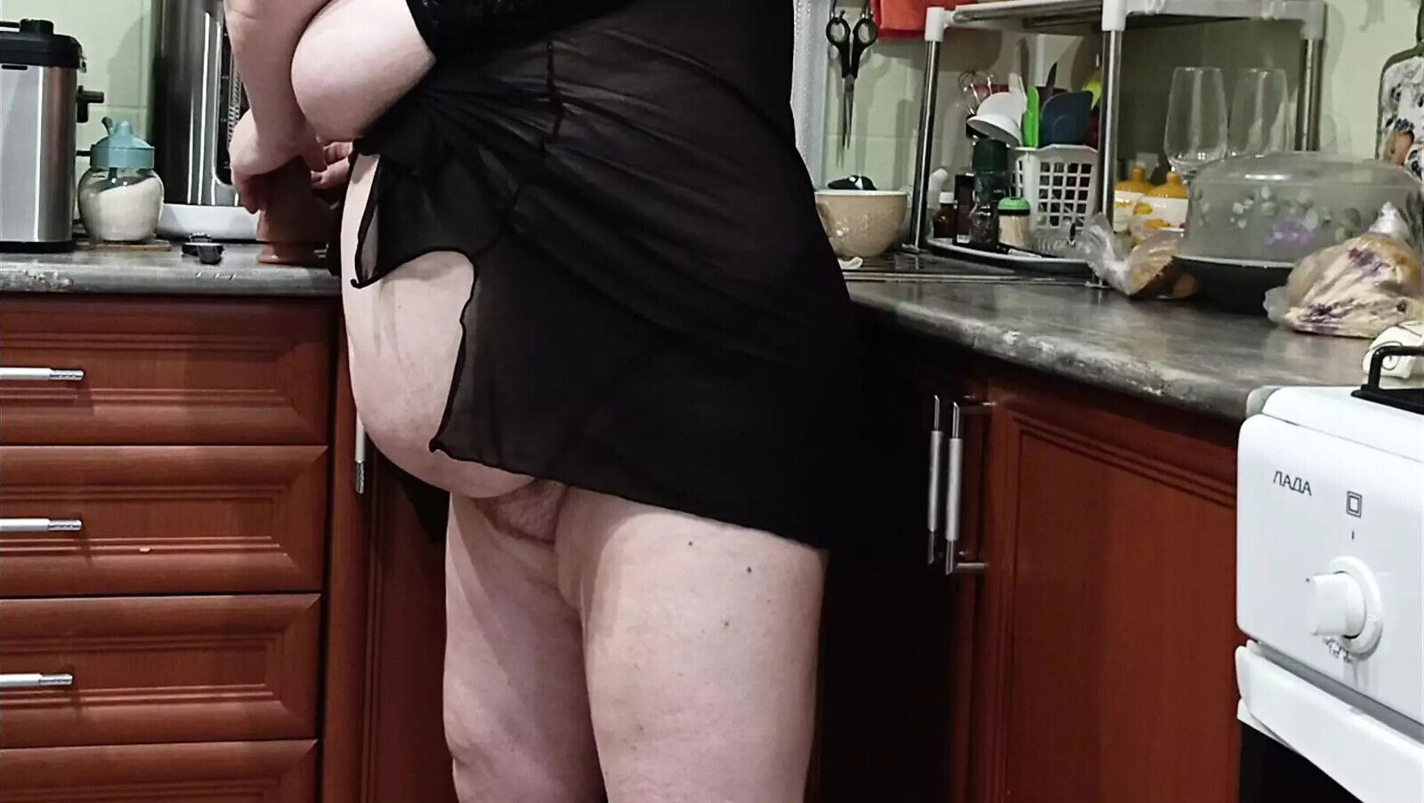 Mother-in-law masturbates with toys kitchen