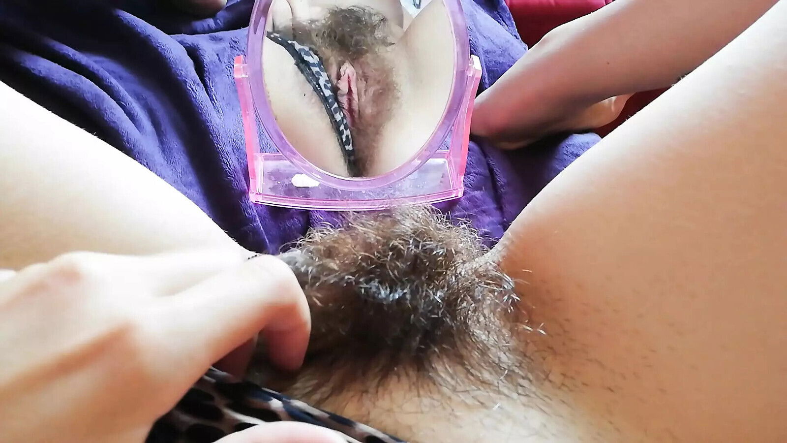 playing with extreme hairy bush front mirror ,close