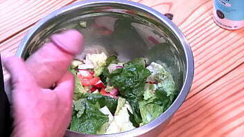 My stepmom came with a bag full of vegetables, so I made her a salad and I use my own sauce ,my cum.