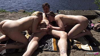 Lesbian Girls caught Outside while sunbathing seduce Public 3Some with Stranger Berlin