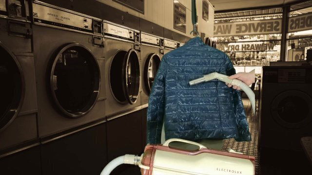 Vacuuming Girlfriend's Emoi Blue Down Jacket with Vintage Electrolux