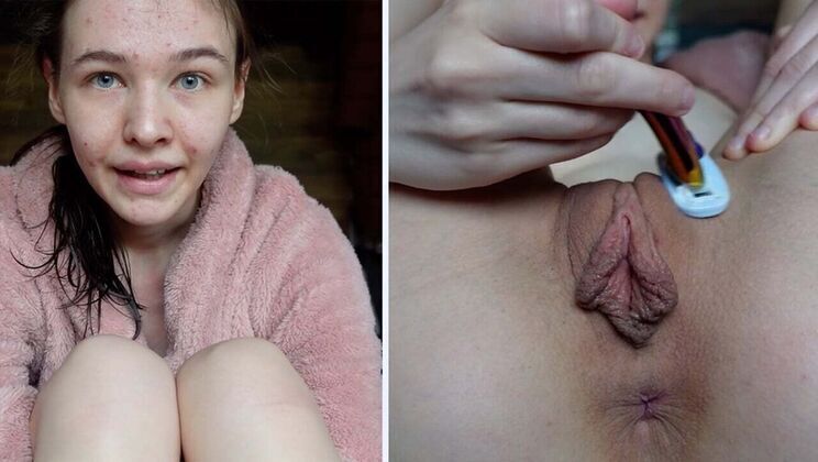 Skinny Teen Emmi-Hill Shaves Long Labia Pussy