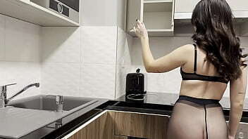 Sexy Blonde Petite Girl Black Shiny Through Pantyhose Panties Kitchen