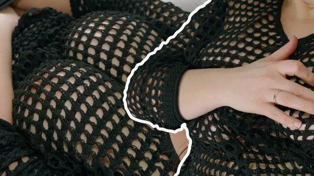 Curvy MILF strokes pussy thong.