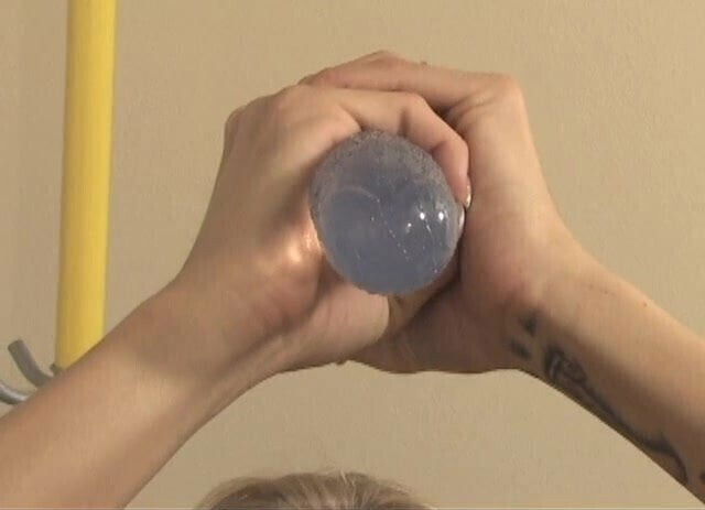 Gap-toothed blonde tights uses dildo pleasure