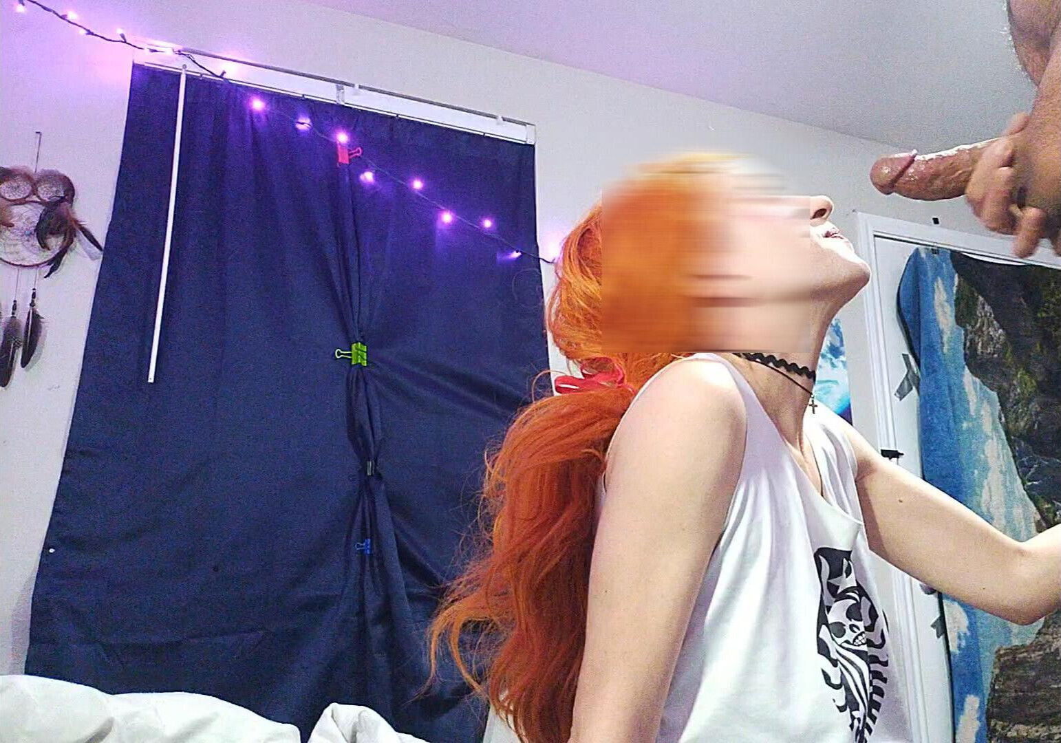 Petite redhead gives amazing blowjob then bends over, finishing inside while grinds dick