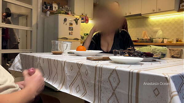 husband jerking under table front step right kitchen.