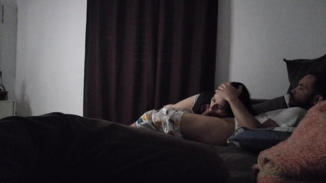 Horny milf step-aunt shares couch with wanking step-nephew