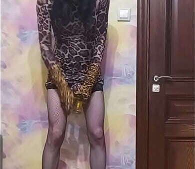 Crossdresser long leopard dress with vibrating plug pees glass drinks