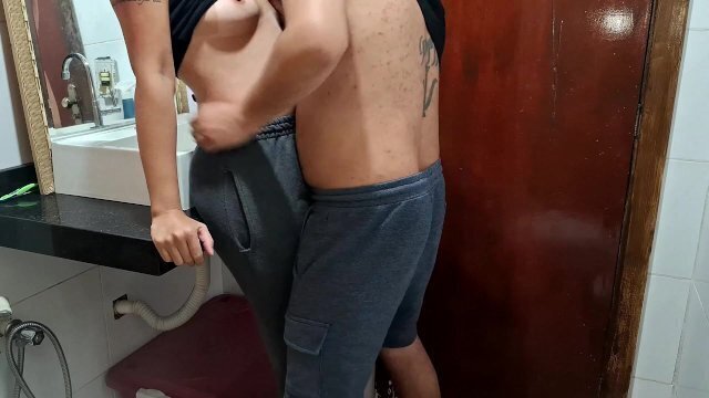 Catching maid bathroom while wife sunbathes