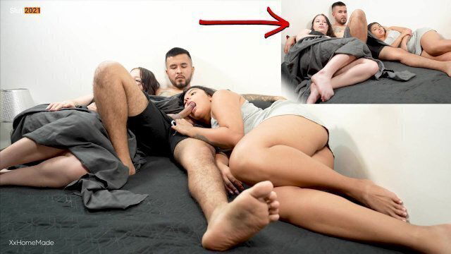 Stepsister sucks brother's dick while he's watching with girlfriend