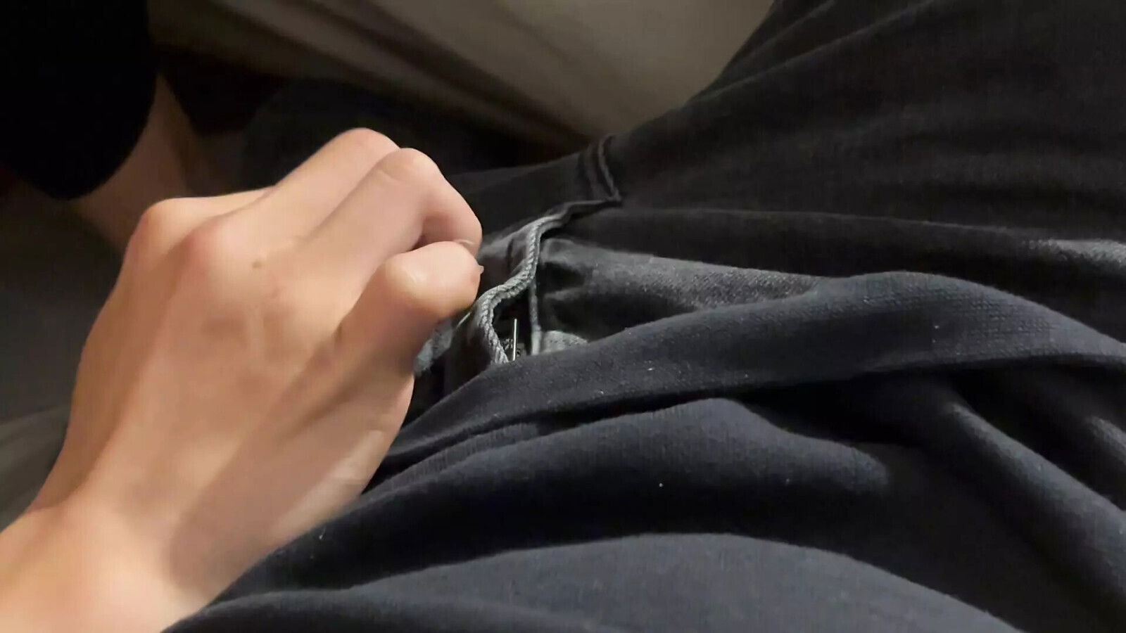 Play with straight friend bed. Open jeans, fondle then jerk dick until over hand.