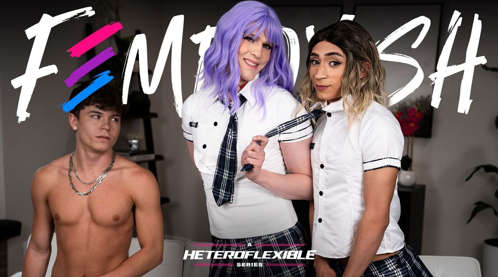 Schoolgirl Femboy Gets Spitroasted By Bestie And BF, Scene #01