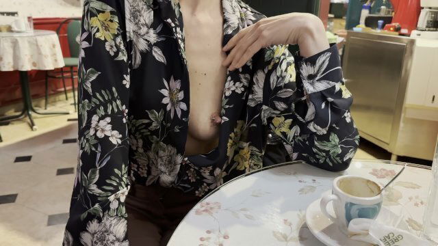 Sexy blond wife flashing pierced nipples caffe around people public