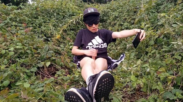 Cute French-Asian twink jerks shaved outside cums thick sticking fingers