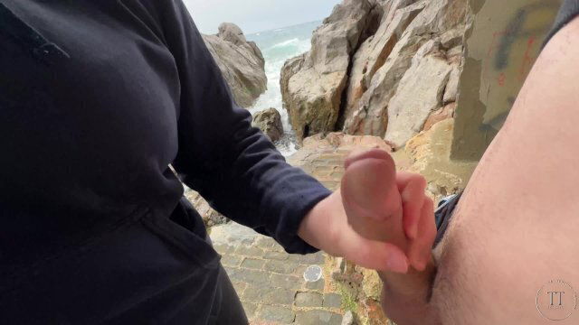 Walk ends with huge cumshot after handjob