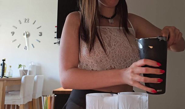 Mixing drink sheer outfit bartender girl