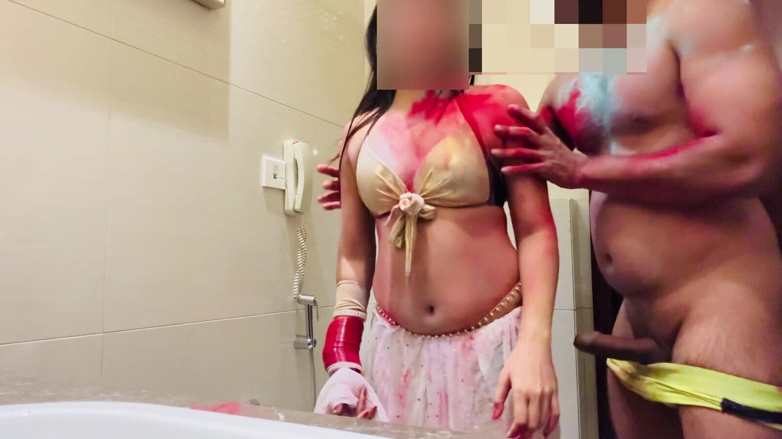 Holi, Bhabhi pretext applying color shower sexy sister-in-law