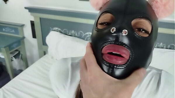Latin masked BDSM slut with pink ears sucks master fucked doggy style till