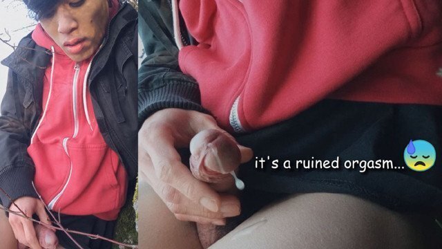 Asian twink Arteen wanks outdoor winter risky, ruined orgasm, cumshot cleans sperm thigh