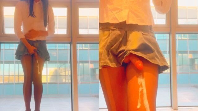 Masturbating ejaculating front hotel's French window towards pedestrians outside