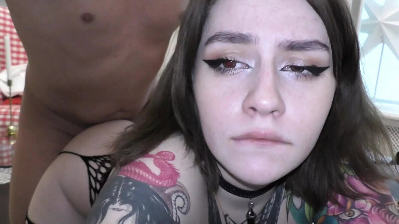 Inky teen with small silicone gets fucked through ripped fishnet stockings