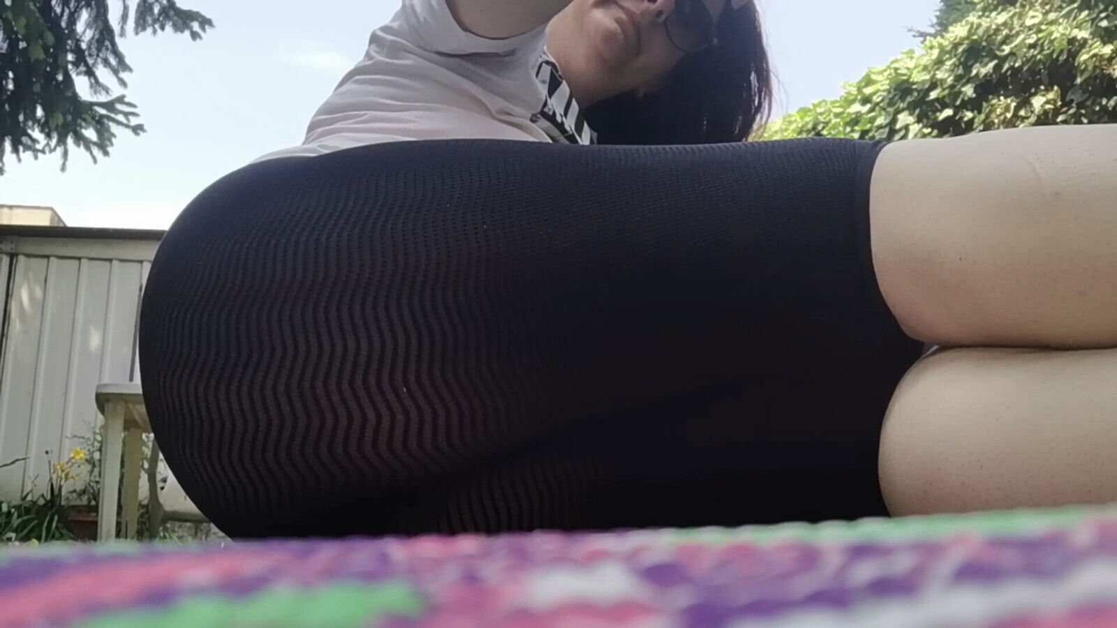 Italian woman dirty feet garden transparent yoga pants