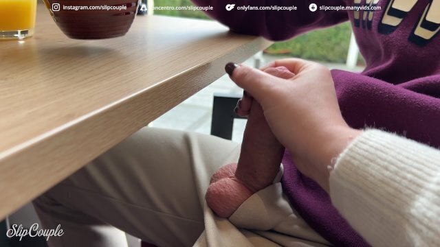 gives perfect Handjob under Table crowded Restaurant risky