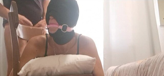 Chairtied, hooded ballgagged take holes