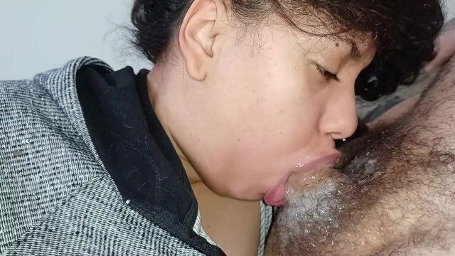 slut's nervous tongue wiggling licking over horny cuckold's hard