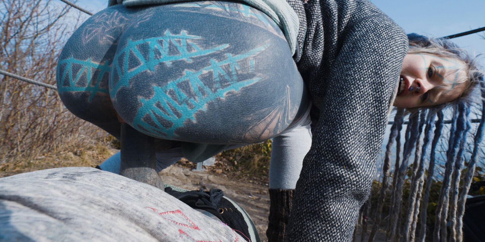 Tattoo Couple caught while wild public ruine