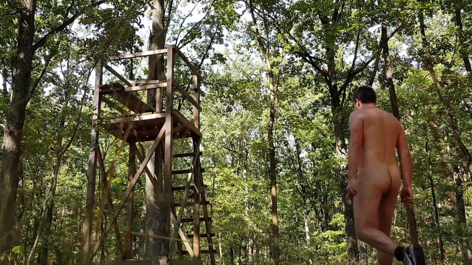 Jerk off from high seat - nude in the woods - quick cum