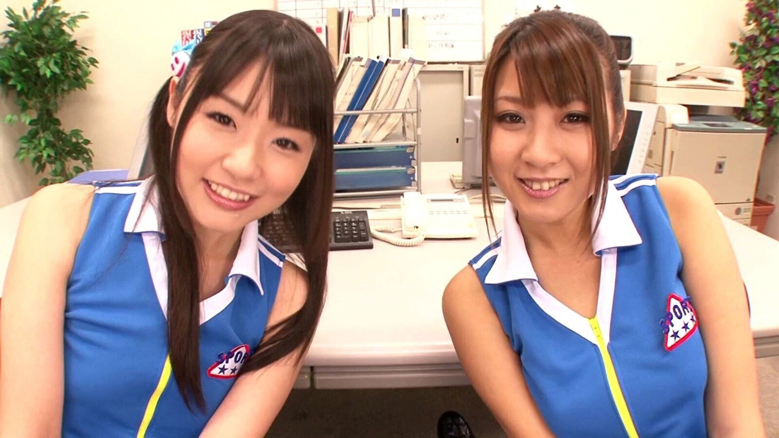 Pretty cheerleader with long hair masturbating passionately office