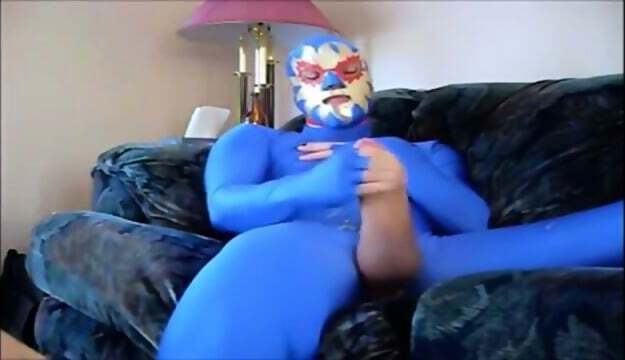 Masked Blue Zentai Suit Strokes