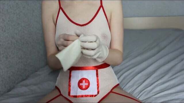 Skinny Russian Nurse Latex Gloves Plays with Pussy
