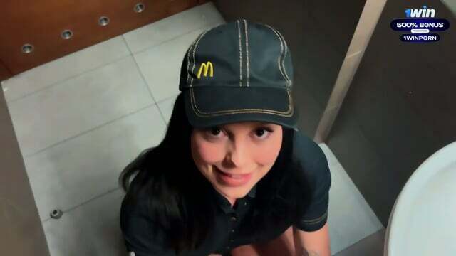 Risky public fuck-fest McDonald's toilet. Fucked worker splattered soda!