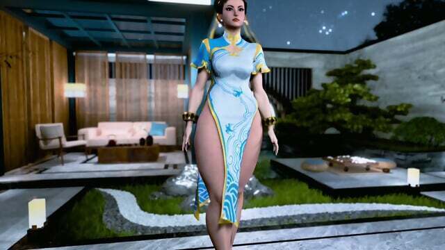 Thick enticing Chun poses solo revealing dress without panties