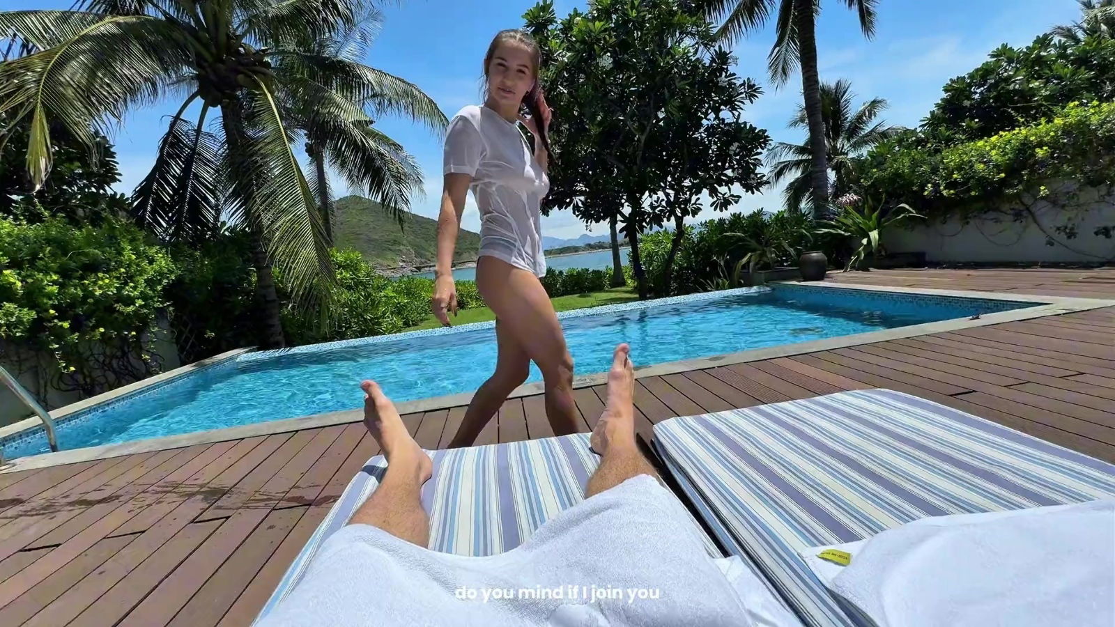young lovers rent whole hotel with pool have different poses places