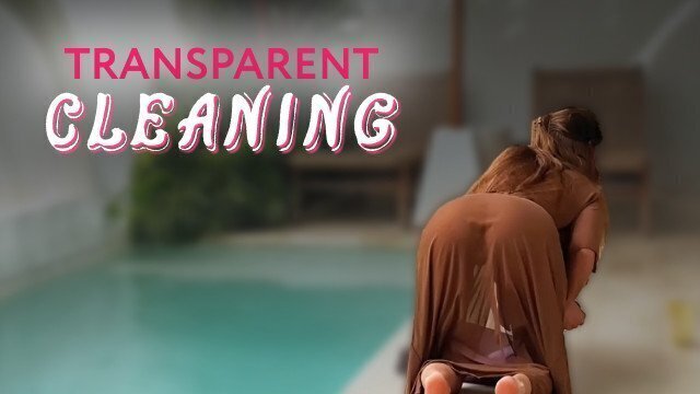 Seductive cleaning naked brunette with transparent robe